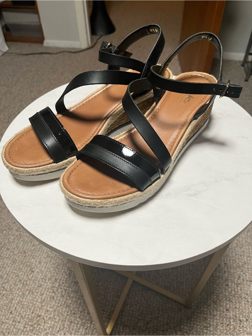 Coach and Four Black Leather Strappy Espadrille Wedge Sandals